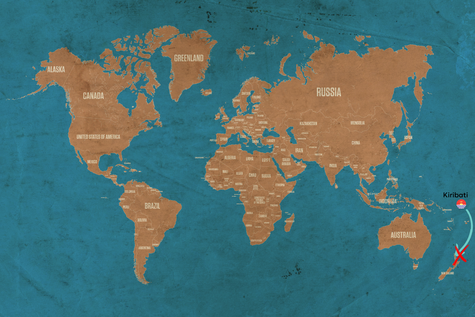 Abb. 21: akiraworks/mycelia gGmbH - Weltkarte mit Lokalisierung von Kiribati und einem Pfeil, der auf die Flucht von Teitiota