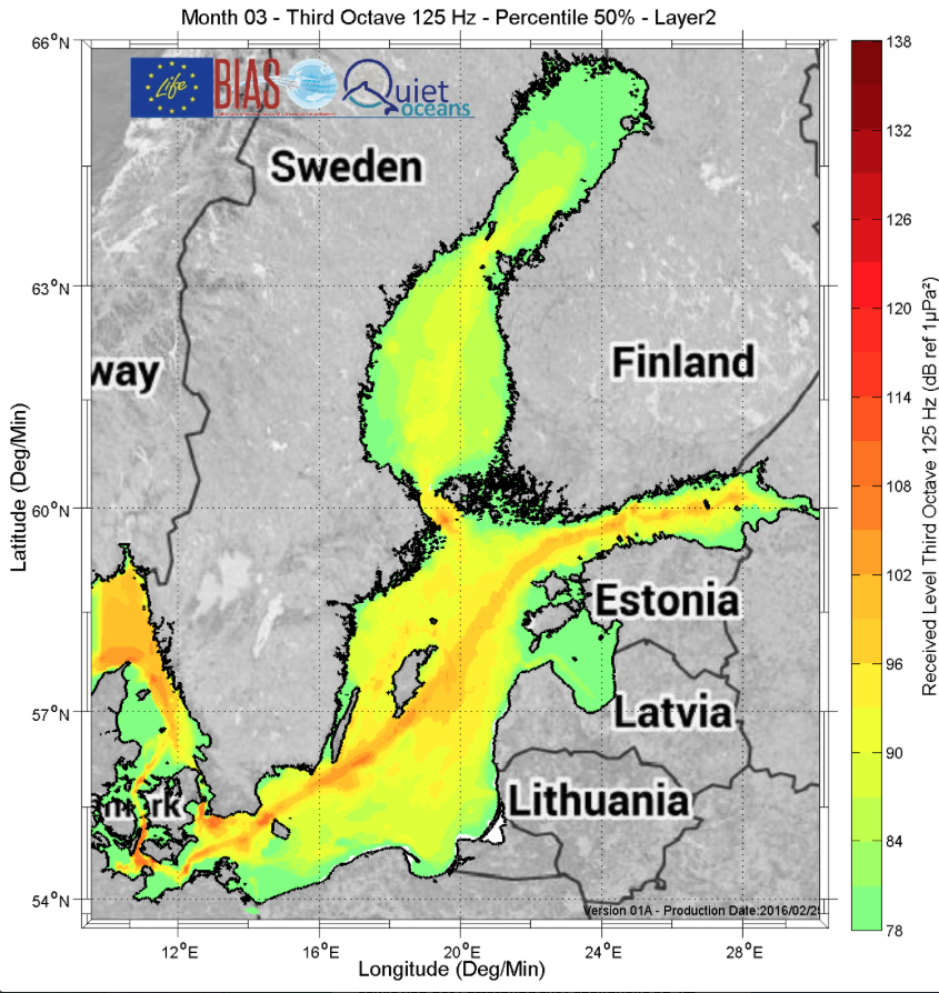 Abb. 3: BIAS Unterwasserlärm-Karte von der Ostsee des von der EU geförderten BIAS-Projekts - Individuelle Nutzungsgenehmigung